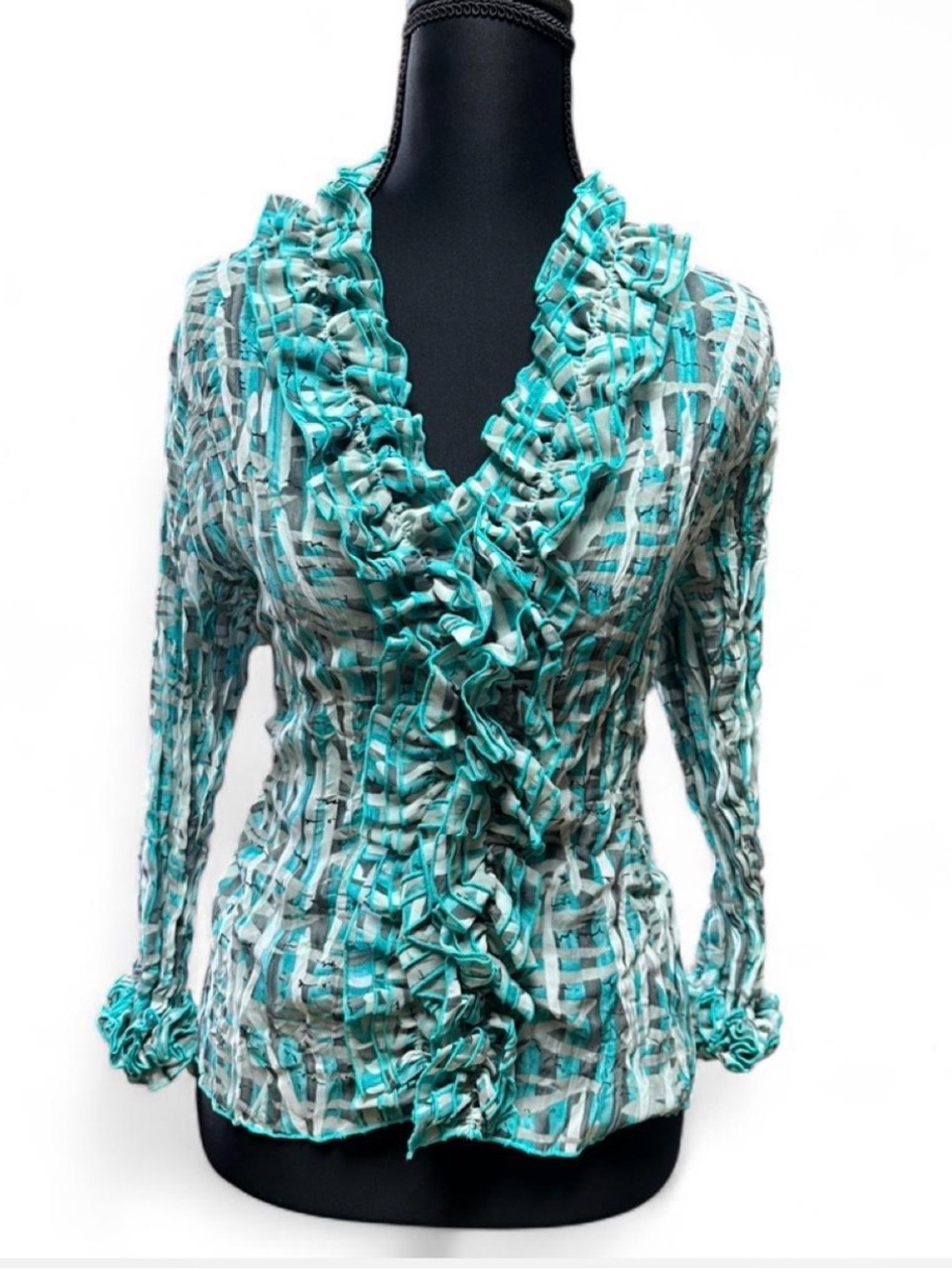 Y2K Mesh Ruffle Blouse Aqua Blue Abstract Print Sheer Fairycore Top L Vintage